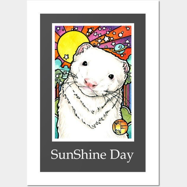 Sunny Happy Ferret - Sunshine Day - White Outlined Version Wall Art by Nat Ewert Art